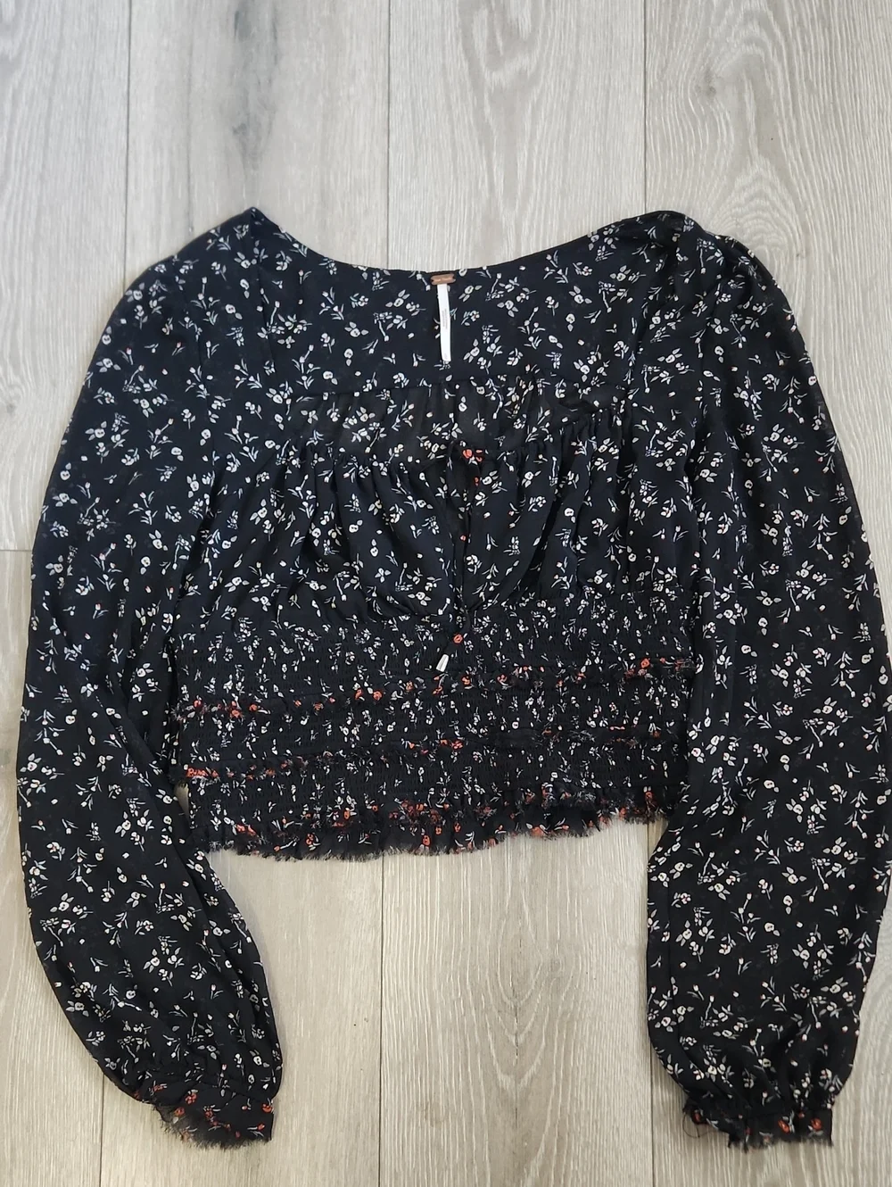 Free People Boho Peasant Sheer Floral Smocked Tie-Front Crop Top Large